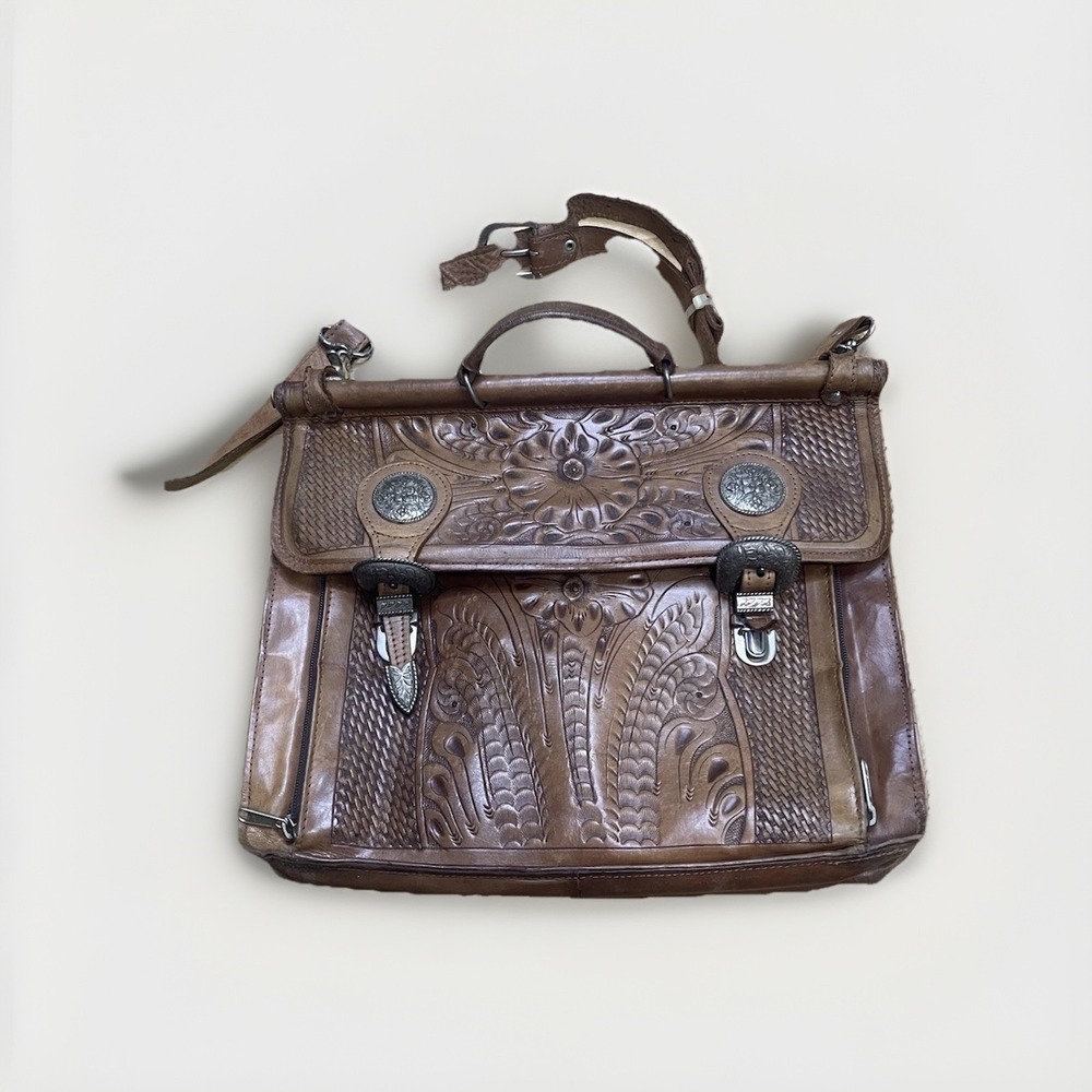 American West Vintage Tooled Leather Briefcase‎ Messenger Bag Brown Western